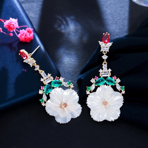 Gold Plated Long Dangle Drop Flower Earrings Zircon Jewelry for Bride Bridesmaid - Picture 5 of 8