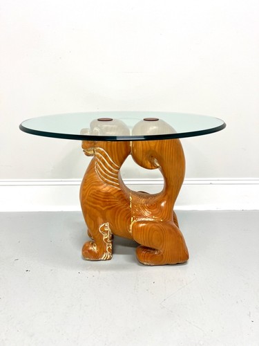 1980's Carved Wood Foo Dog Guardian Lion Glass Top Accent Table - Picture 5 of 12