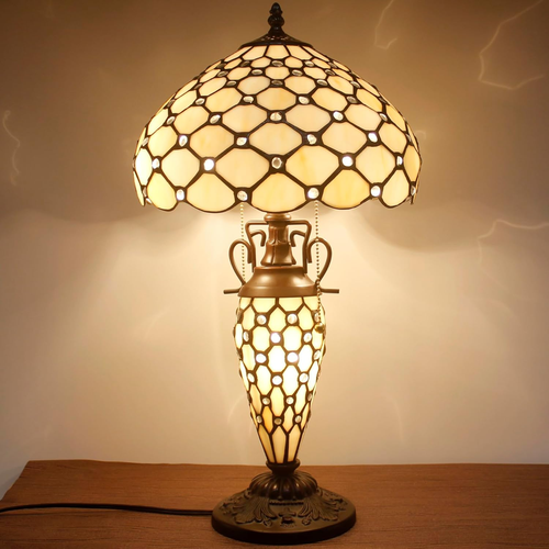 Tiffany Style Table Lamp Cream Stained Glass Crystal Bead Lamp 12X12X22 Inches M - Picture 6 of 8