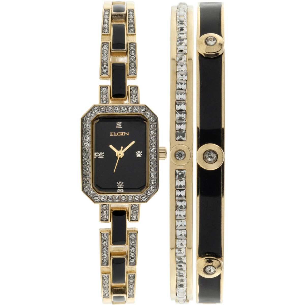 Elgin Womens Bracelet Watch Black Gold Tone Crystal Accented