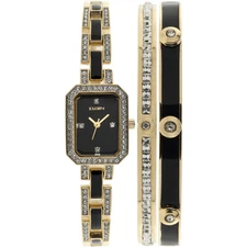 NEW ELGIN Women' Bracelet Watch Black Gold Tone Crystal Accented Stainless Steel