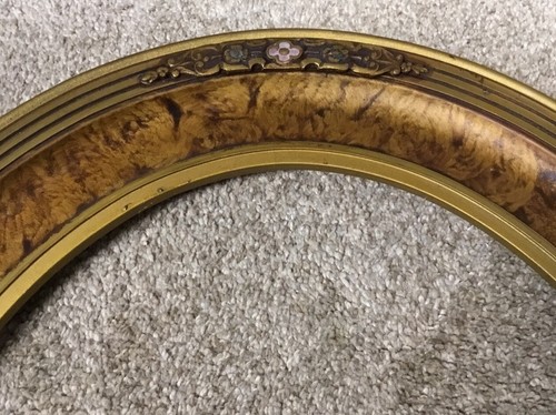 Antique Ornate Art Nouveau Wood & Gold Gesso Picture Frame Oval Faux Wood grain - Picture 6 of 7