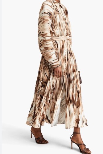Jonathan Simkhai Sz 6 Dress Thorn Indiana Midi Brown Striped Long Sleeve Plisse - Picture 2 of 13
