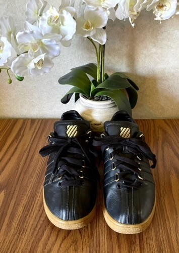 K-SWISS COURT MENS 9 BLACK & GOLD LEATHER SNEAKERS TENNIS CROSS TRAINING