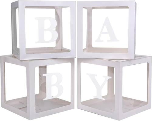 Baby Boxes with 4 PCS Letters for Baby Shower White Clear Balloon Box Blocks - Picture 8 of 12