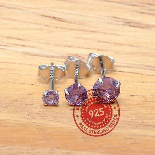 Purple Cubic Zirconia Studs Sterling Silver Earrings, 4 mm Amethyst Color CZ - Picture 8 of 12