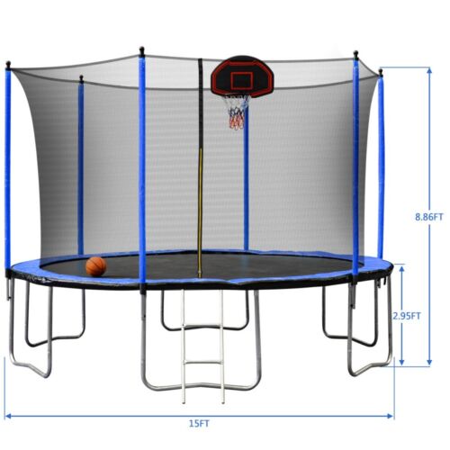 15FT Trampoline with Basketball Hoop Inflator and Ladder, Inner Safety Enclosure - Picture 19 of 24