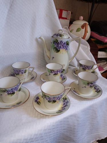 Antique/Vintage NIPPON HANDPAINTED VIOLETS CHOCOLATE POT & 6 CUPS & SAUCERS