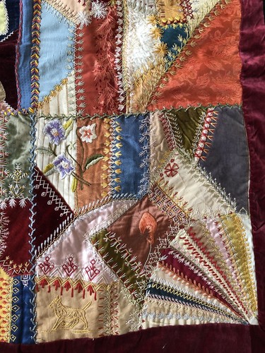 Toller verrückter Quilt viktorianische Volkskunst handgenäht bunte Designs um 1880 - Bild 10 von 12