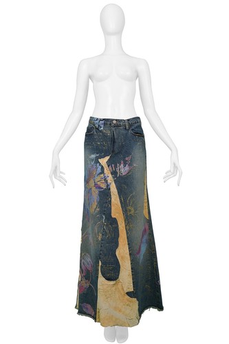 VINTAGE ROBERTO CAVALLI LONG DENIM  & LEATHER HAND PAINTED SKIRT WITH SLIT - Bild 1 von 4
