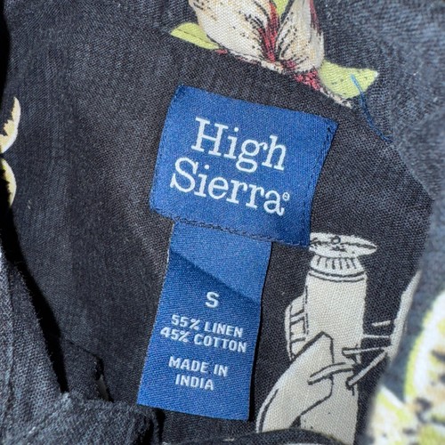 High Sierra Linen Blend Hawaiian Shirt - S Black Seaplane Palm Trees Print - Picture 2 of 4