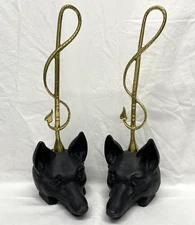Virginia Metalcrafters Fox Hunt Head Whip Decor Cast Iron Brass Doorstops - PAIR