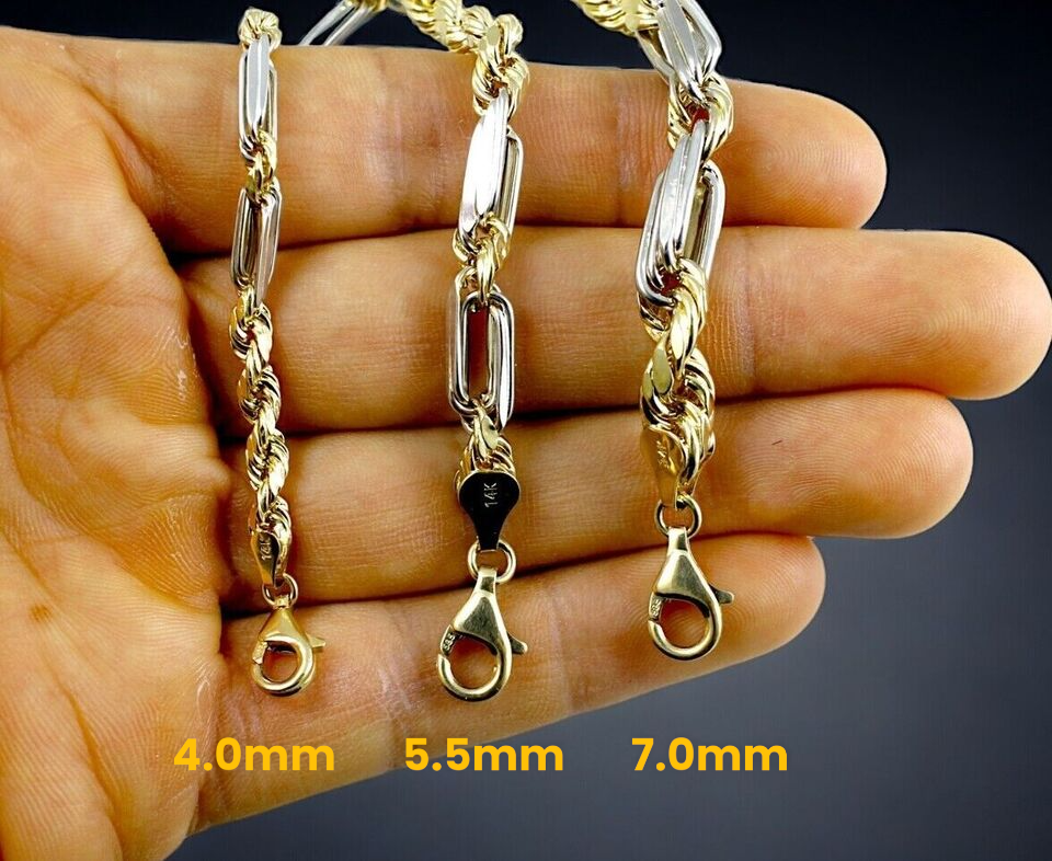 14K Two Tone Gold 4mm7mm Milano Figaro Rope Chain Necklace Diamond Cut