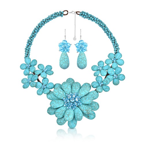 Exotic Floral Burst Statement Blue Turquoise Sterling Silver Jewelry Set - Picture 1 of 6