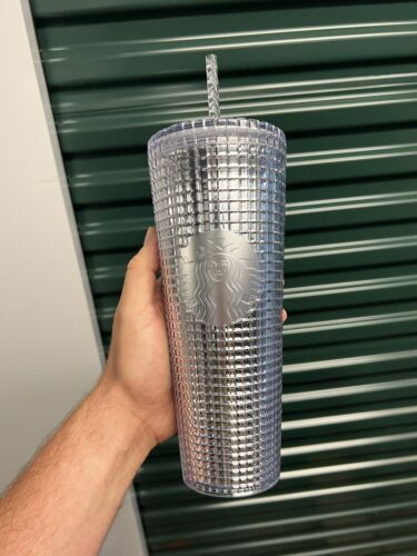 New Starbucks Silver Grid Disco Tumbler 24Oz Venti Cold Cup. Holiday 2020