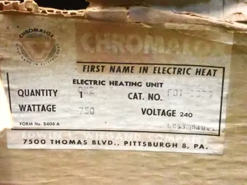 New Chromalox FD1-3075 240 Volt AC 750 Watt Electric Heating Unit FDT3075