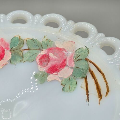 Vintage weiß Milchglas Standfuß Obstschale, handbemalte Blumen, 11" breit - Bild 3 von 9