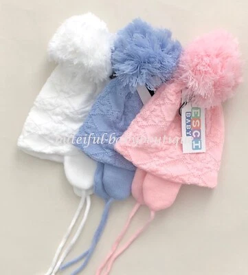 PESCI Baby Boys Girls Knitted Pom Pom Hats Lined Blue White or Pink 6-12-18M
