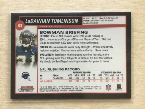 2002 Bowman Chrome LaDainian Tomlinson #63 - Picture 3 of 3