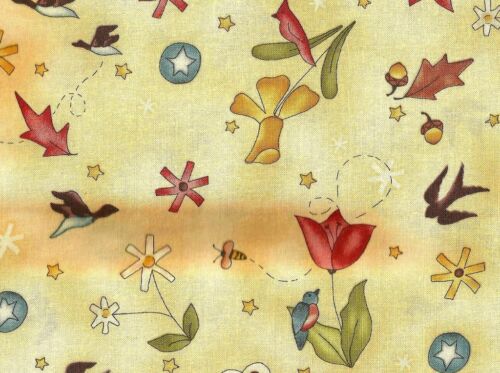 Red Rooster ~ Retro Folk Art Floral Birds Nuts 100% Cotton Quilt Fabric Remnant
