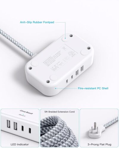 Flat Plug Power Strip 5 Ft Flat Extension Cord, 3 Outlets 4 USB Ports(2 USB C), - Picture 4 of 11