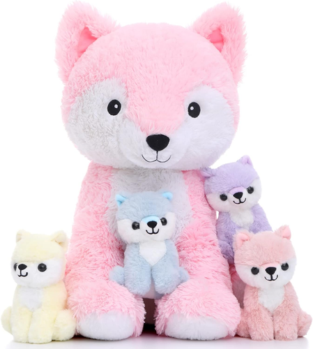 5 Piece Fox Stuffed Animal Set, Soft Mommy Fox Plush Toy with 4 Cute Babies, Stu - Picture 9 of 12
