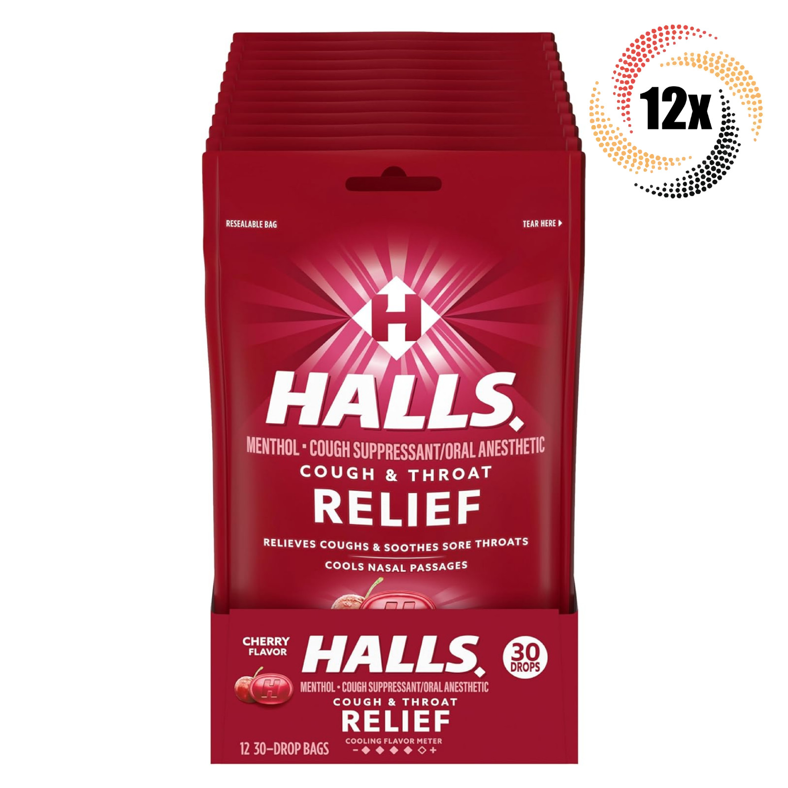 Полная коробка 12 пакетиков успокаивающих леденцов от кашля HALLS Relief Cherry | по 30 капель в пакетике