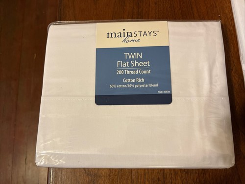 NEW Mainstays 200 Thread Count Flat Sheet Twin Size Arctic White Cotton/Poly NWT - Picture 1 of 5