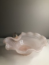 Vintage Pink Ruffle Glass Bowl With Handle And Gold Accents 9” Diameter