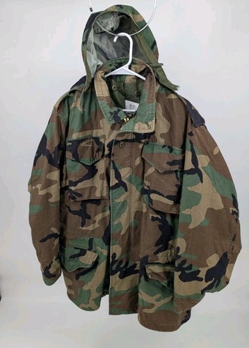US Army Woodland Camo Cold Weather Field Jacket Canvas Large Reg Coat M65 Hooded - Picture 2 of 16