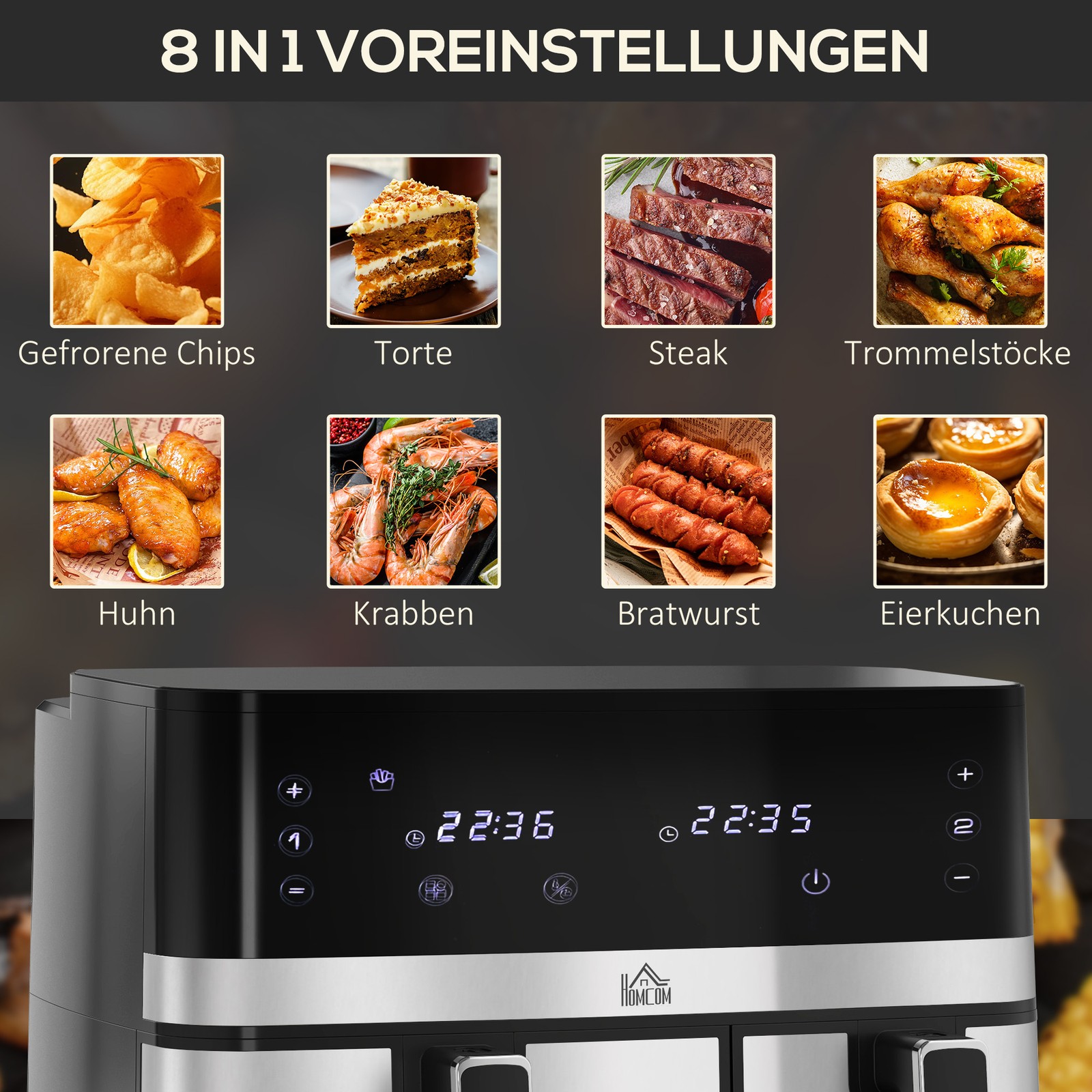 Heißluftfritteuse 8,5L Fritteuse mit Doppelkammer, 8 in 1 Rezeptur Schwarz