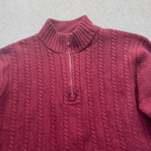 Suéter 100 % lana de cordero granate rojo tejido con cable media cremallera cuello alto, grande para hombre - Imagen 8 de 9