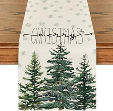 Beige Pine Tree Snowflake Merry Christmas Table Runner, Seasonal Winter Xmas Hol