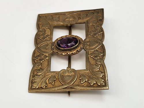 Vintage/Antique Nouveau Brass Brooch, Purple Glass Stone, Victorian Brooch/Pin - Picture 4 of 8