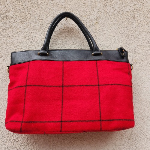 TALBOTS Tote Red Black Windowpane Wool Leather Shoulder Bag Classic Quiet Luxury