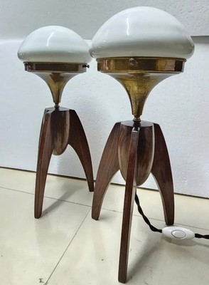 Pair Victorian Rocket-Shaped Wooden Table Lamps Brass Milk Glass Stands