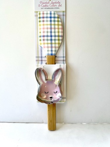 EASTER PASTEL PLAID POINTED SILICONE SPATULA + BUNNY COOKIE CUTTER PINK BLUE - Picture 7 of 7