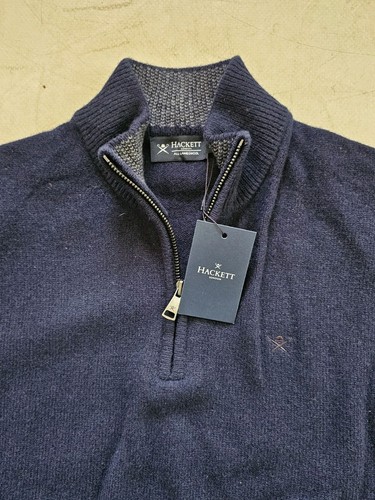 HACKETT Jumper Half Zip Mens M Navy Pure Lambswool Suede Elbow Patches Rrp £170 - Picture 7 of 15