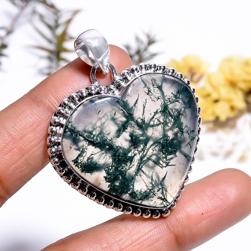 Moss Agate Vintage Handmade Jewelry.925 Silver Plated Pendant 1.7" GSR-6527