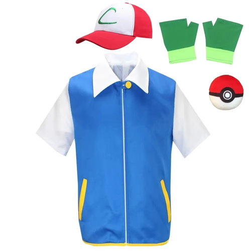 Ash Ketchum Cosplay Costume Blue Jacket Pokemon Trainer Outfit Cap Gloves Set - Picture 7 of 17