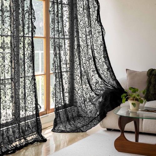 Cortinas transparentes negras 84 pulgadas de largo - Shabby Chic tejidas cortina de encaje floral... - Imagen 4 de 7