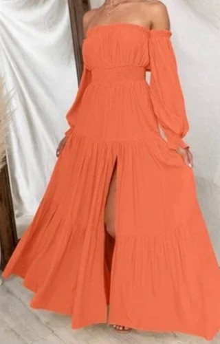 Zesica Women's Orange Off Shoulder Smocked High Waist Side Split Maxie Dress L - Picture 6 of 8