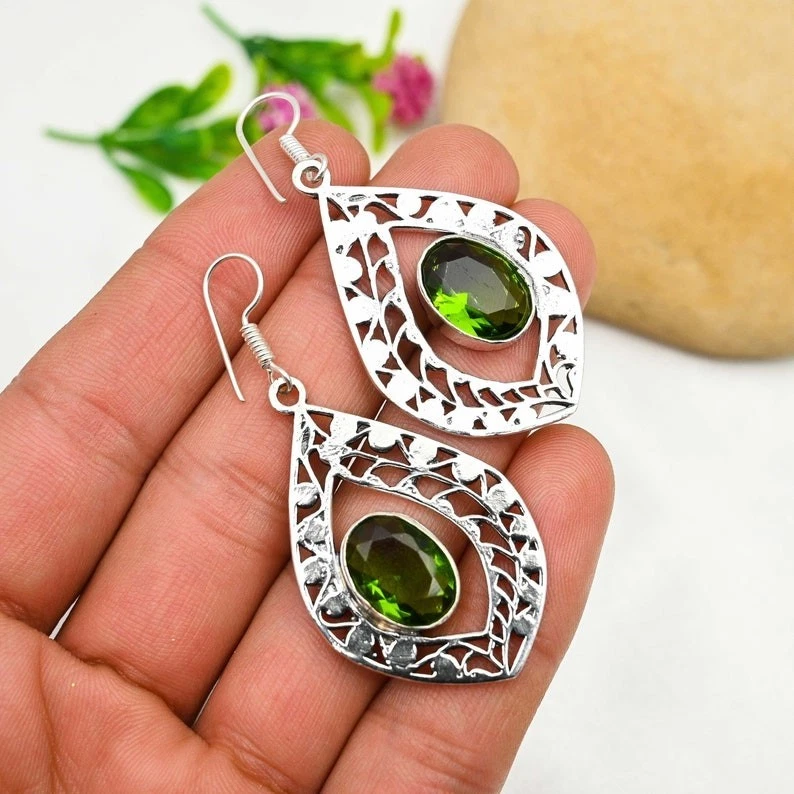 Paraiba Peridot Gemstone Handmade 925 Sterling Silver Jewelry Earring Size-1.75" - Image 2 of 4