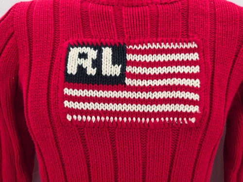 Ralph Lauren RL Vtg Polo Jeans Co. American Flag Red Cable Knit Sweater M - Picture 9 of 12