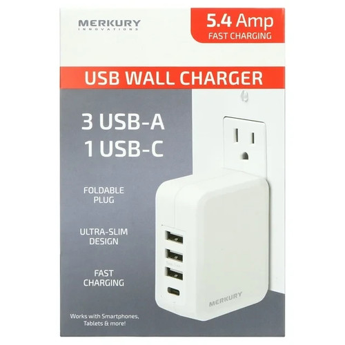 Merkury Innovations 5.4A Ladegerät - 3 USB-A + 1 USB-C, faltbarer Stecker, weiß - Bild 3 von 6