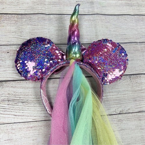 Disney Parks Purple Rainbow Metallic Sequin Unicorn Minnie Mouse Ears Headband - Picture 5 of 6