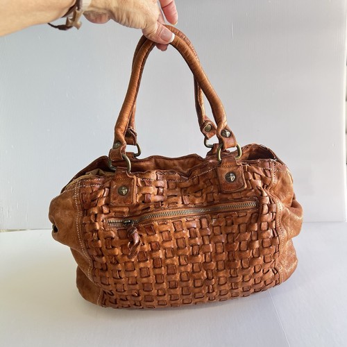 LANGELLOTTI Schultertasche Leder geflochten braun tabak Made Italy 3 Fächer - Bild 5 von 14