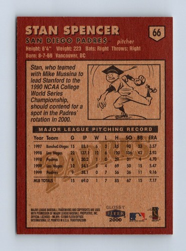 2000 Fleer Tradition Glossy #66 Stan Spencer San Diego Padres - Bild 2 von 2