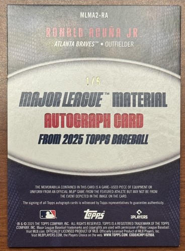 RONALD ACUNA 1/5 Auto 3 Color Patch! 2025 TOPPS SERIES 2 Major League Materials - Picture 2 of 2