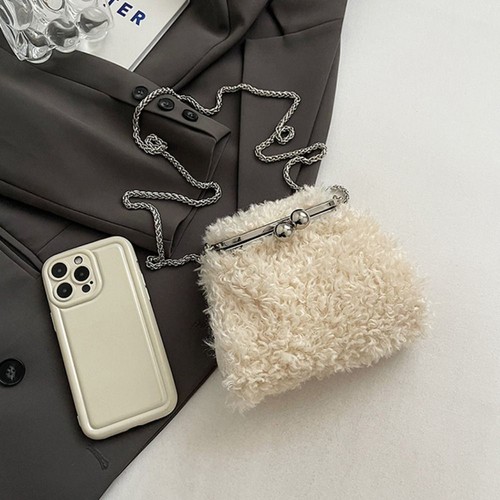 Solid Color Lambswool Metal Chain Bag Korean Style Mini Messenger Bags Men - Picture 10 of 12
